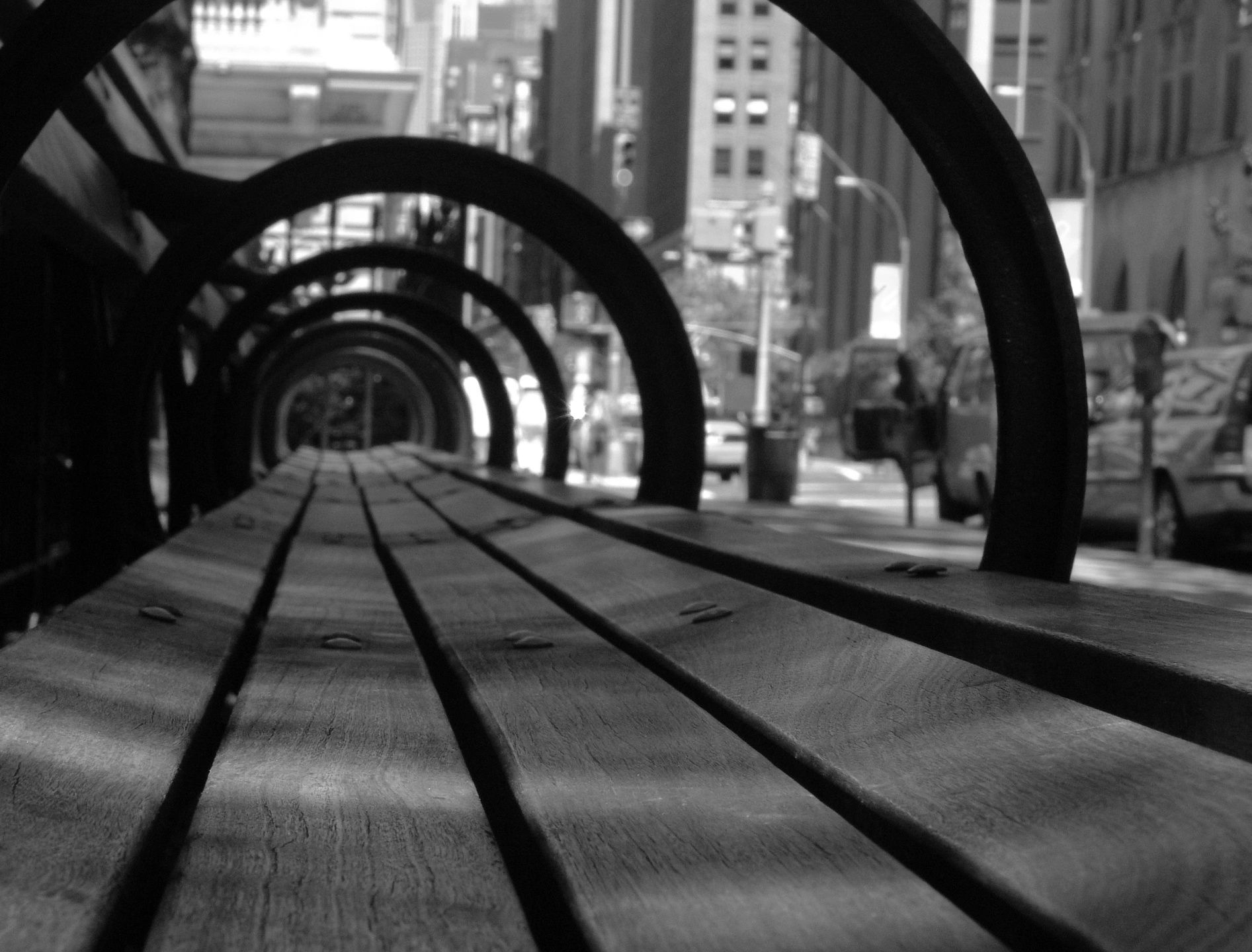 Cityscape with bench and circular patterns